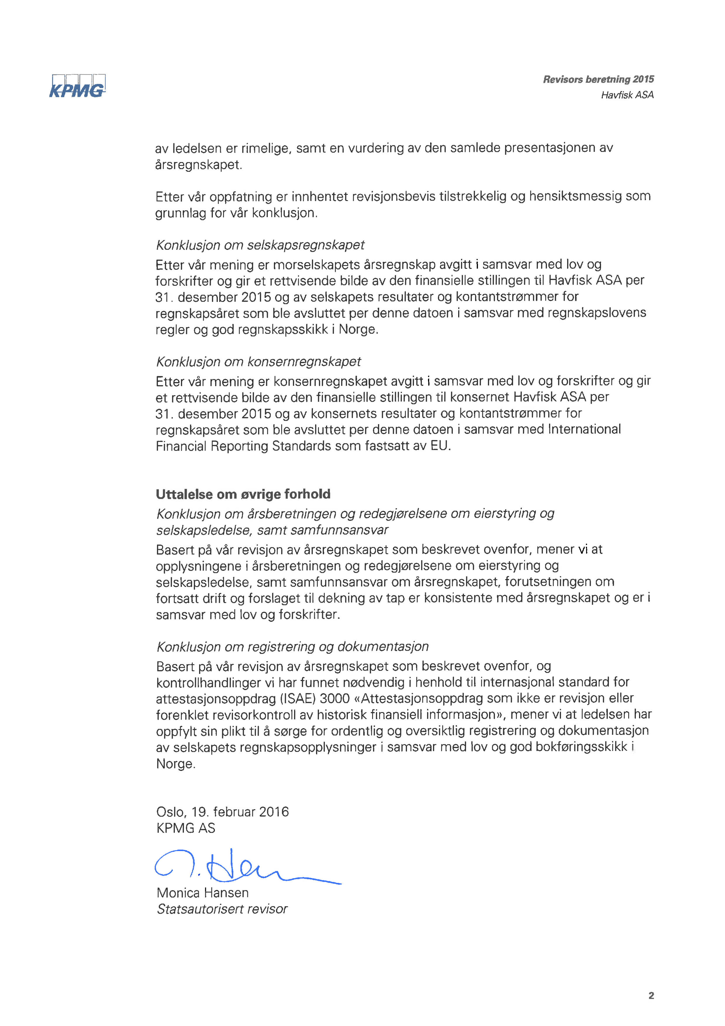 Signert revisjonsberetning Havfisk ASA 2015-2